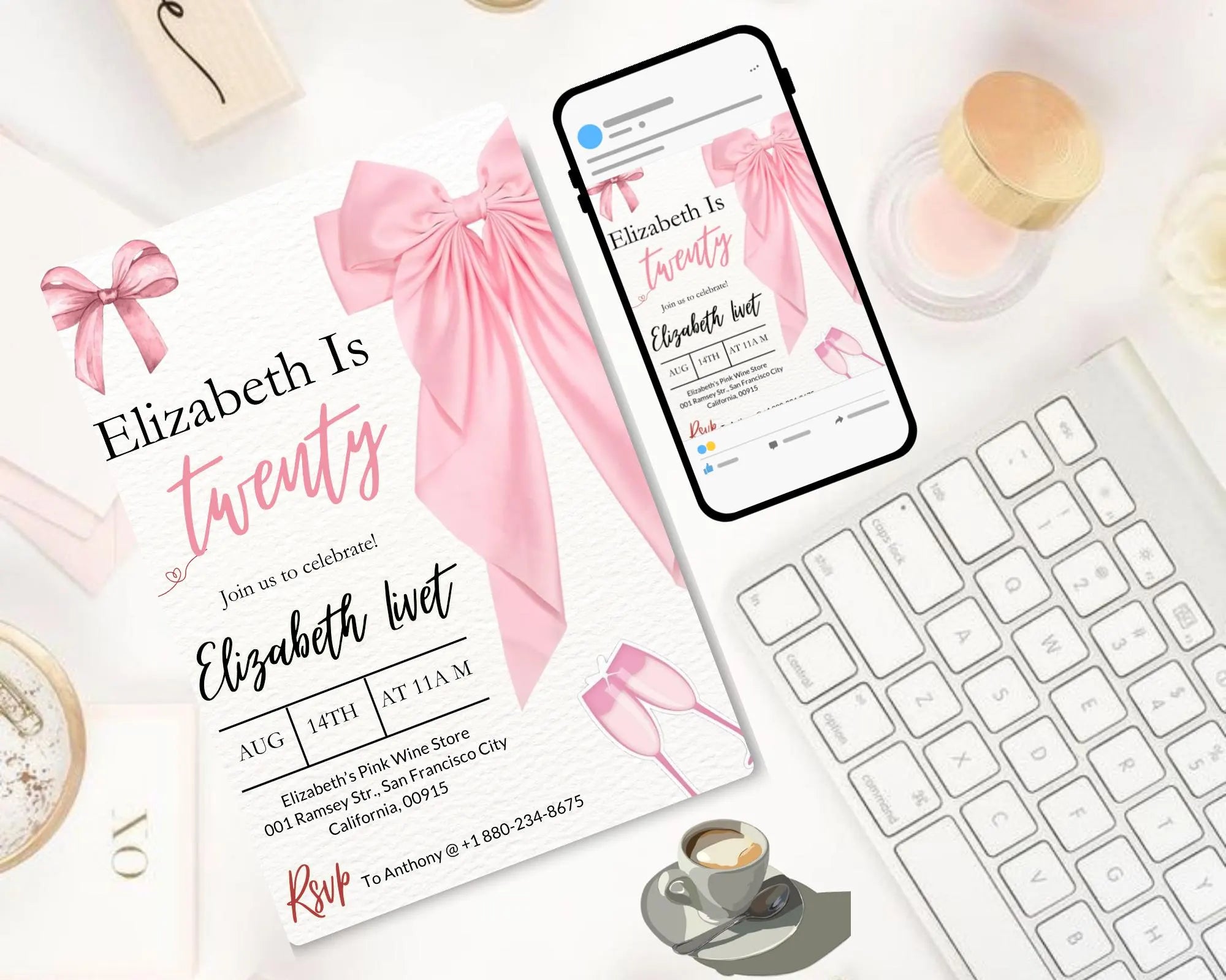 Tween Pink Bow 13th Birthday |  Coquette 13th Birthday Invitation | Pink Bow Template | PinkBow Editable Digital Invite |  Editable Template