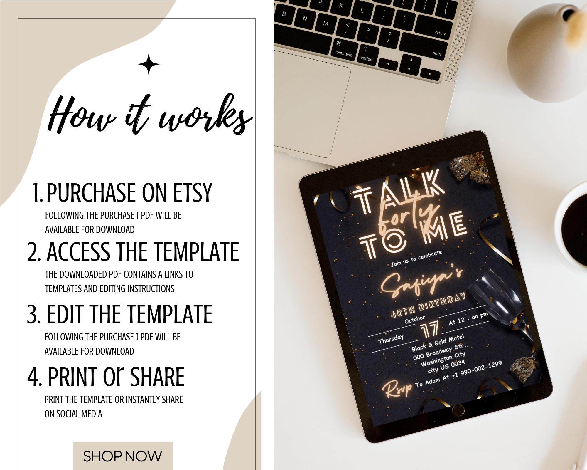 Talk Forty To Me Birthday invitation| Forty Birthday Invitation| 40th Birthday invitation| Fortieth E-Invitation Template| Editable Template