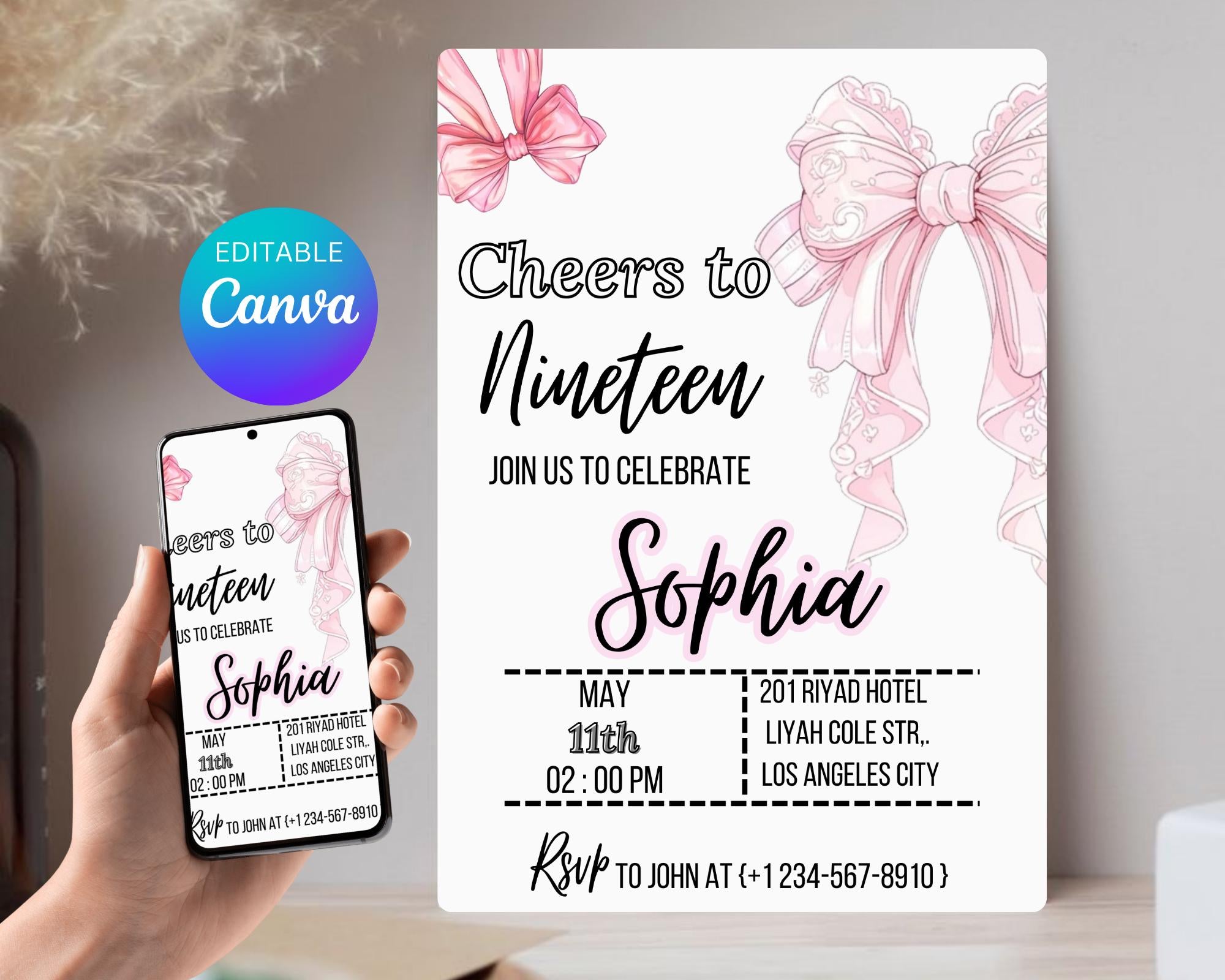 Coquette Pink Bow Birthday Invitation| Pink Bow Birthday Invitation| Pink Coquette Bow Invite| Tutu Cute Birthday Invite| Editable Template