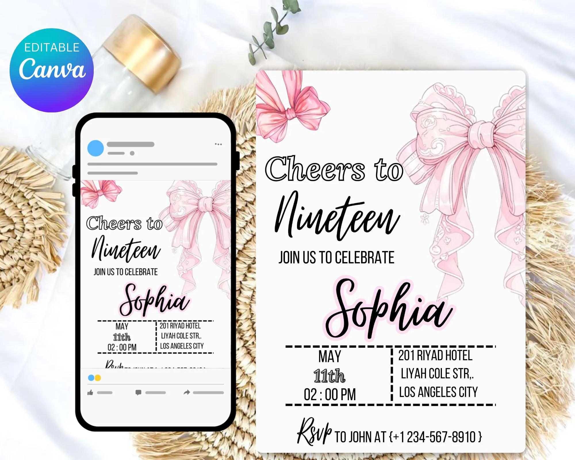 Coquette Pink Bow Birthday Invitation| Pink Bow Birthday Invitation| Pink Coquette Bow Invite| Tutu Cute Birthday Invite| Editable Template