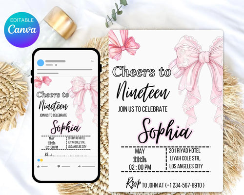 Coquette Pink Bow Birthday Invitation| Pink Bow Birthday Invitation| Pink Coquette Bow Invite| Tutu Cute Birthday Invite| Editable Template