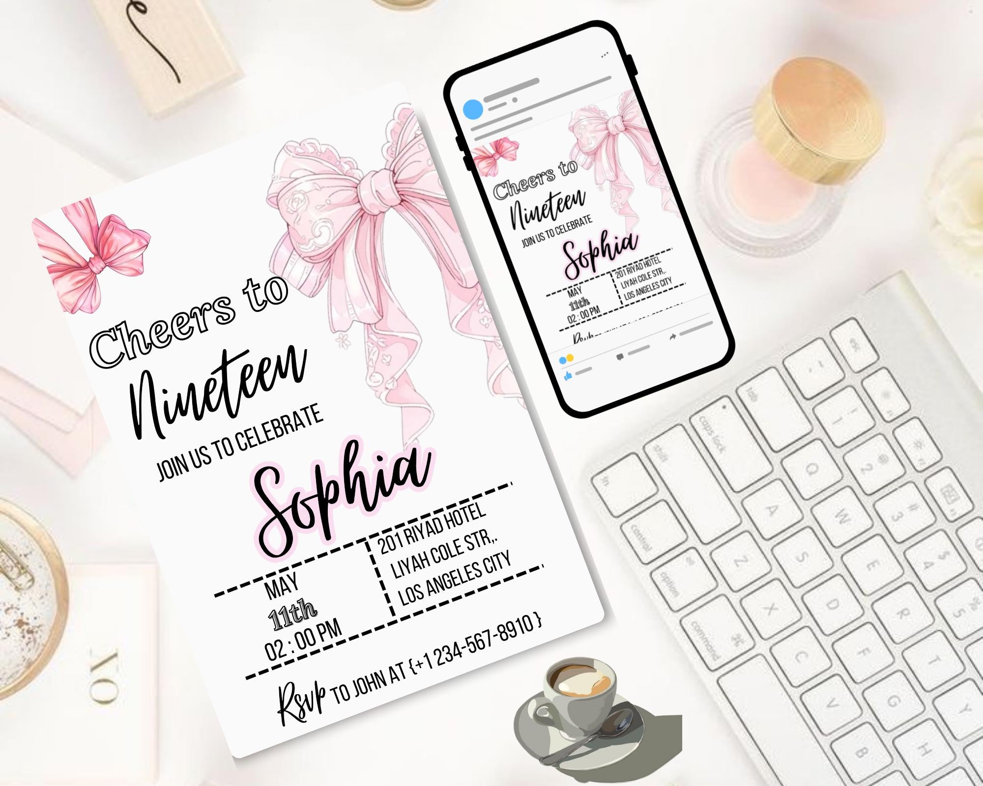 Coquette Pink Bow Birthday Invitation| Pink Bow Birthday Invitation| Pink Coquette Bow Invite| Tutu Cute Birthday Invite| Editable Template