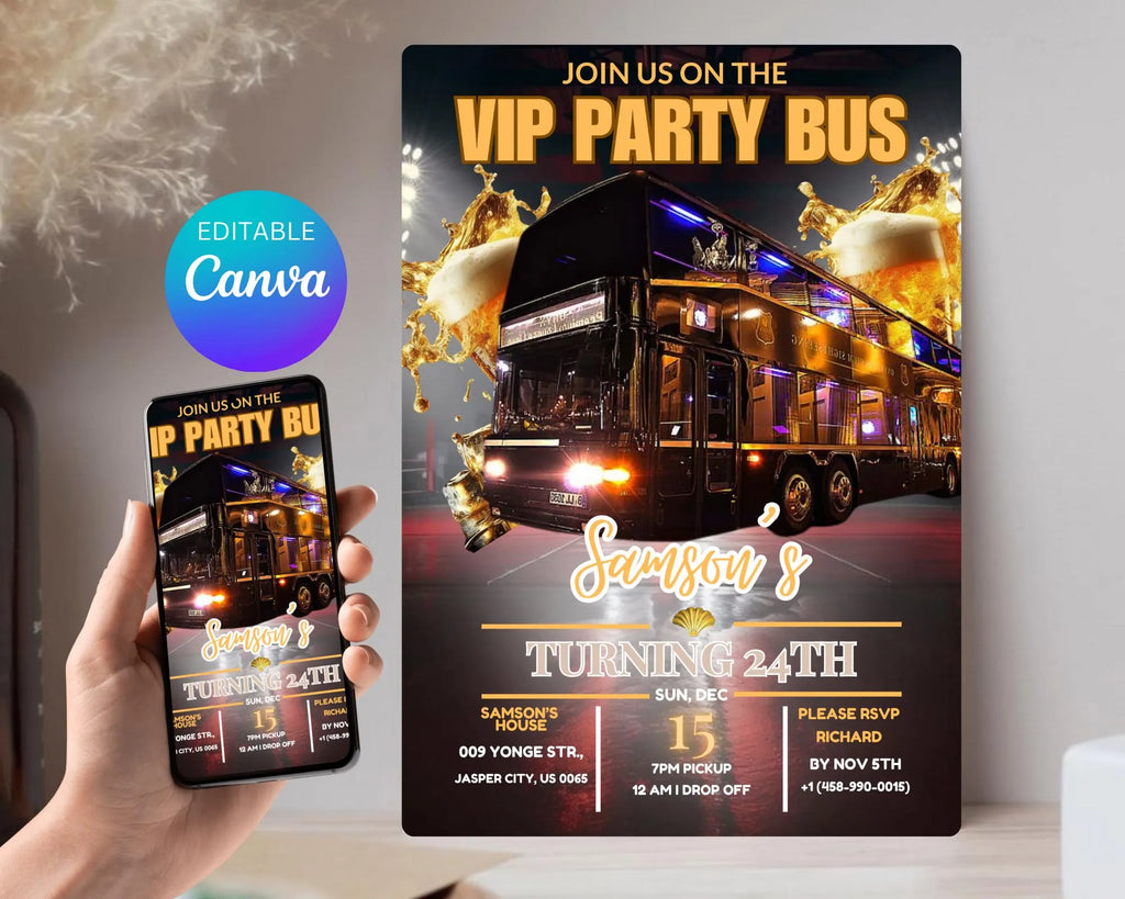 Party Bus Invitation| Black Gold Birthday Invite| Man's Night Out| Digital Birthday Evite| Man's Night Outing Invitation| Editable Template