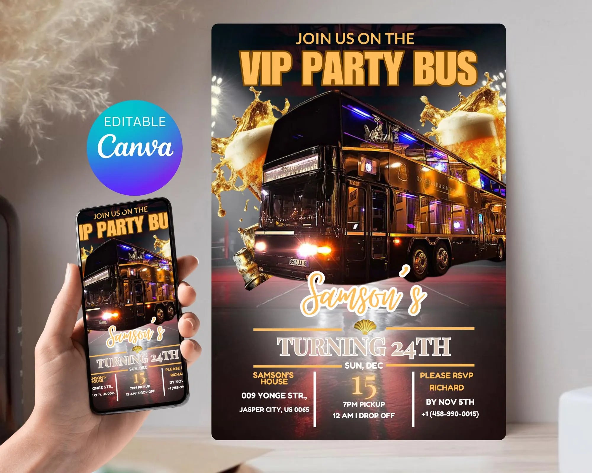Party Bus Invitation| Black Gold Birthday Invite| Man's Night Out| Digital Birthday Evite| Man's Night Outing Invitation| Editable Template
