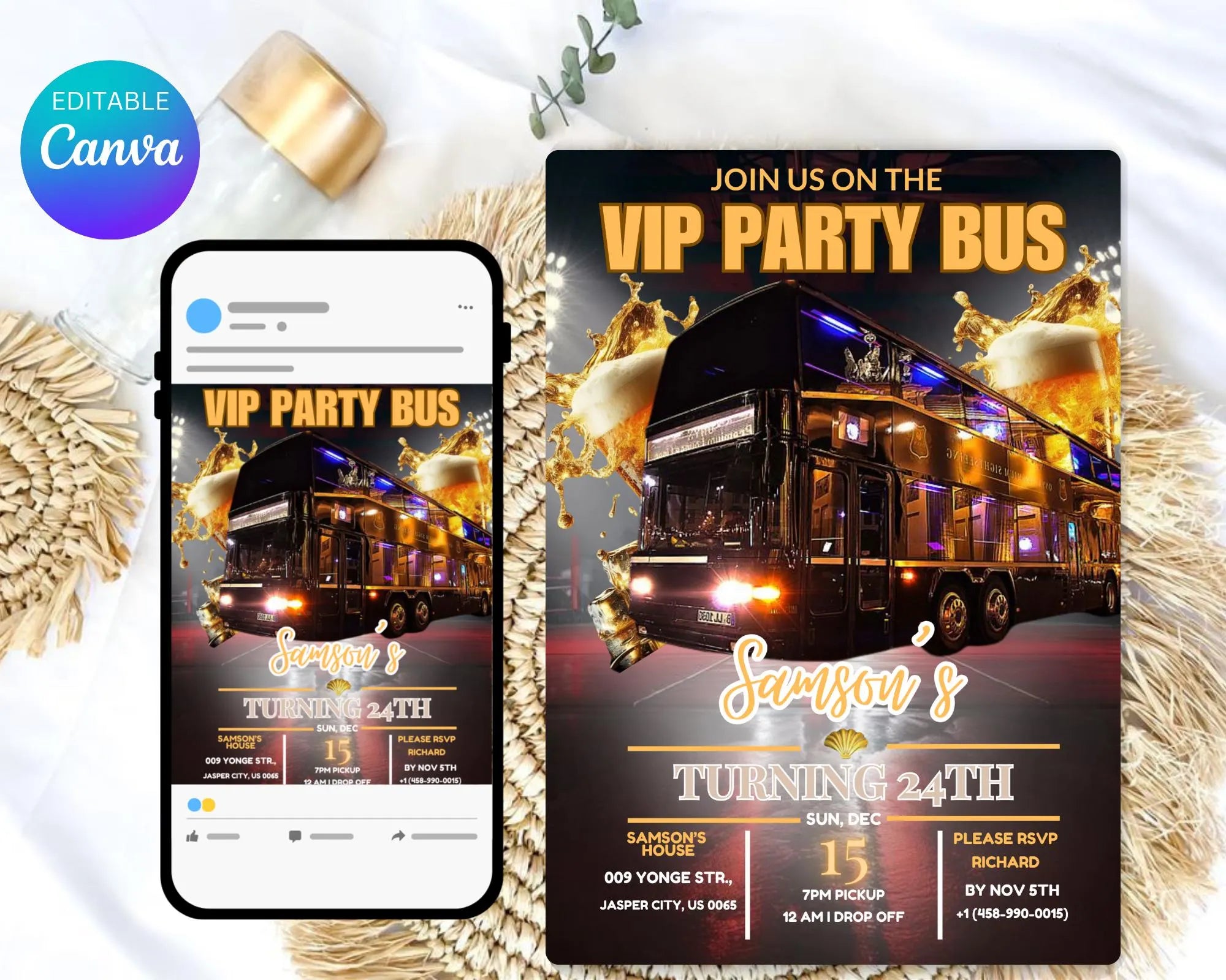 Party Bus Invitation| Black Gold Birthday Invite| Man's Night Out| Digital Birthday Evite| Man's Night Outing Invitation| Editable Template