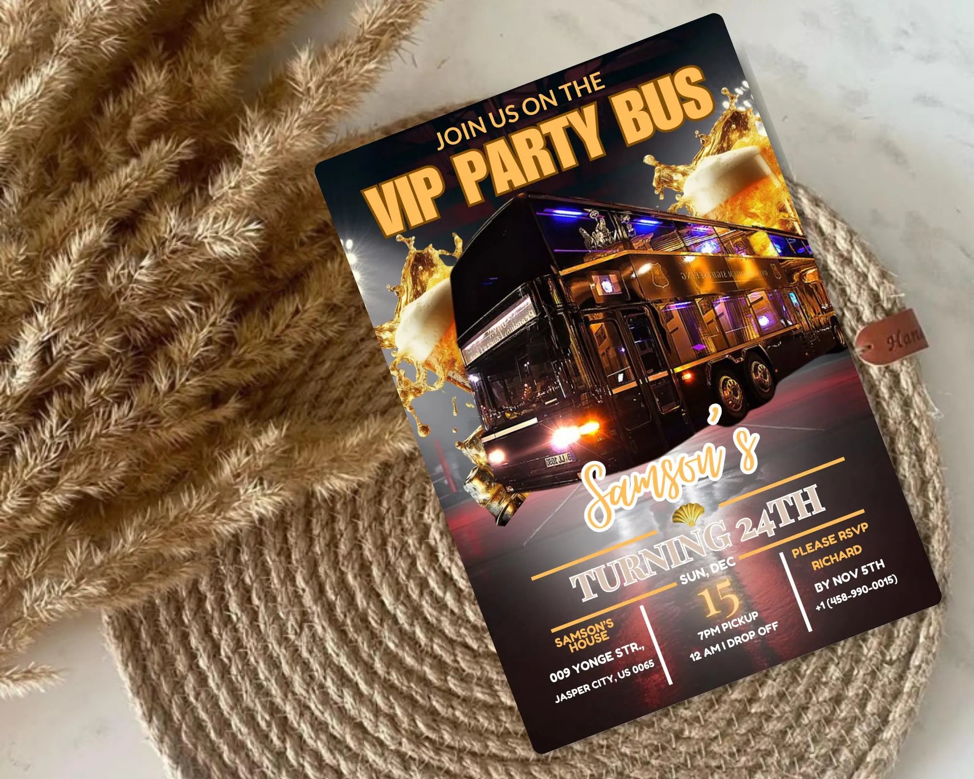Party Bus Invitation| Black Gold Birthday Invite| Man's Night Out| Digital Birthday Evite| Man's Night Outing Invitation| Editable Template