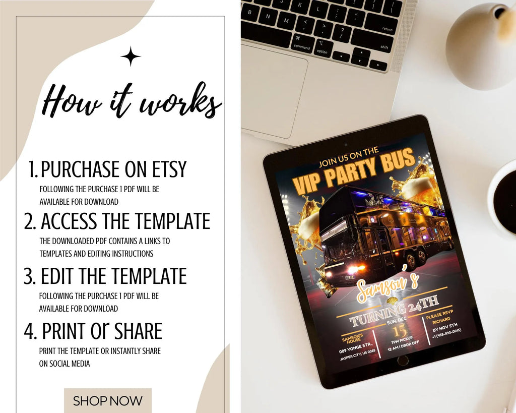 Party Bus Invitation| Black Gold Birthday Invite| Man's Night Out| Digital Birthday Evite| Man's Night Outing Invitation| Editable Template