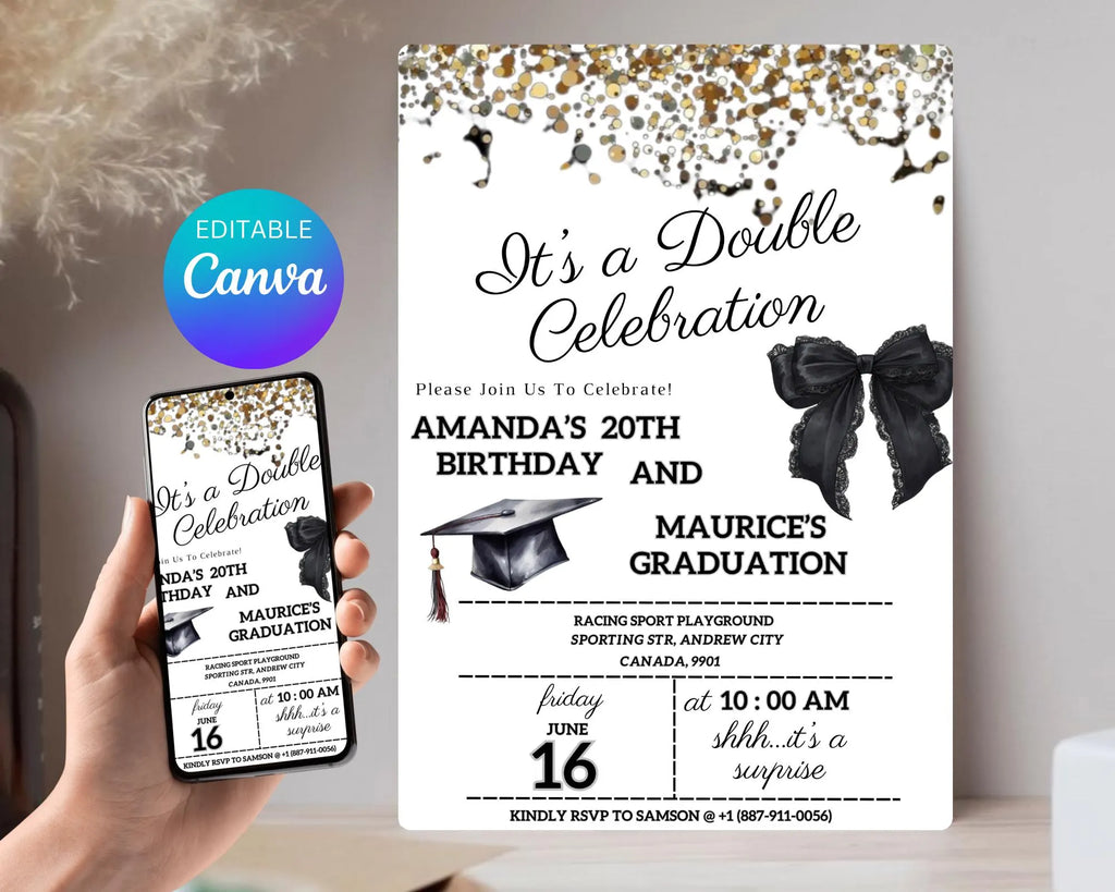 Adult Double Celebration Invitation| Birthday and Graduation Party Anniversaries| Gold Black Glitter Joint Party Invites| Editable Template