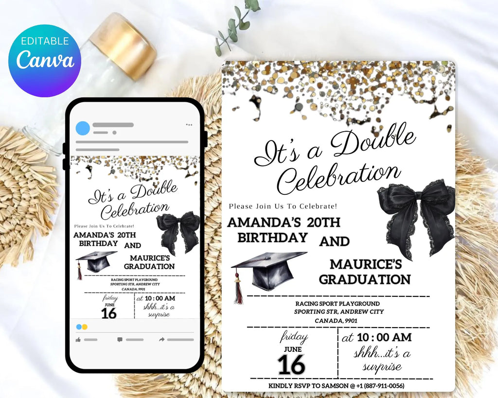 Adult Double Celebration Invitation| Birthday and Graduation Party Anniversaries| Gold Black Glitter Joint Party Invites| Editable Template