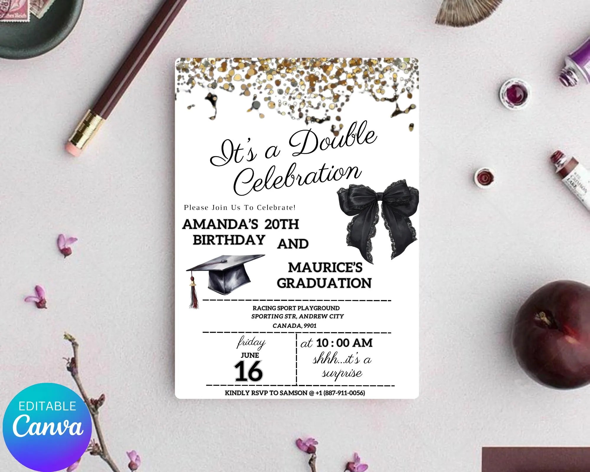 Adult Double Celebration Invitation| Birthday and Graduation Party Anniversaries| Gold Black Glitter Joint Party Invites| Editable Template