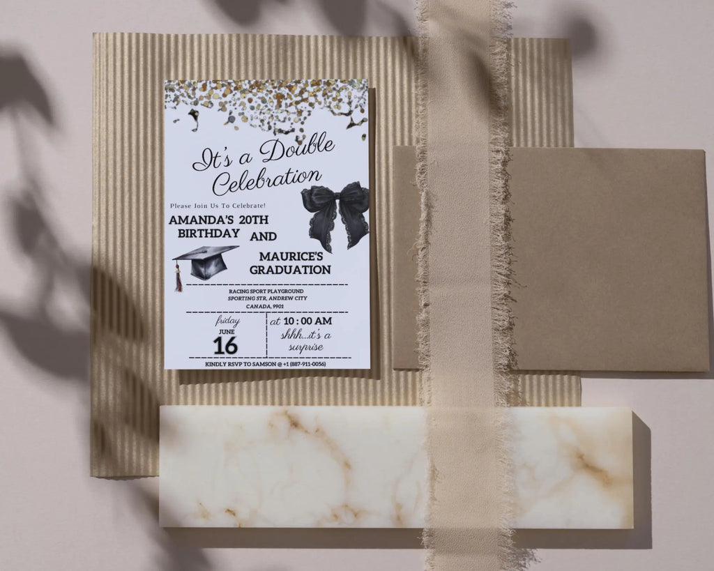 Adult Double Celebration Invitation| Birthday and Graduation Party Anniversaries| Gold Black Glitter Joint Party Invites| Editable Template