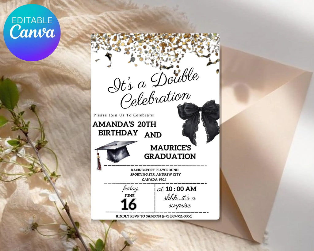 Adult Double Celebration Invitation| Birthday and Graduation Party Anniversaries| Gold Black Glitter Joint Party Invites| Editable Template