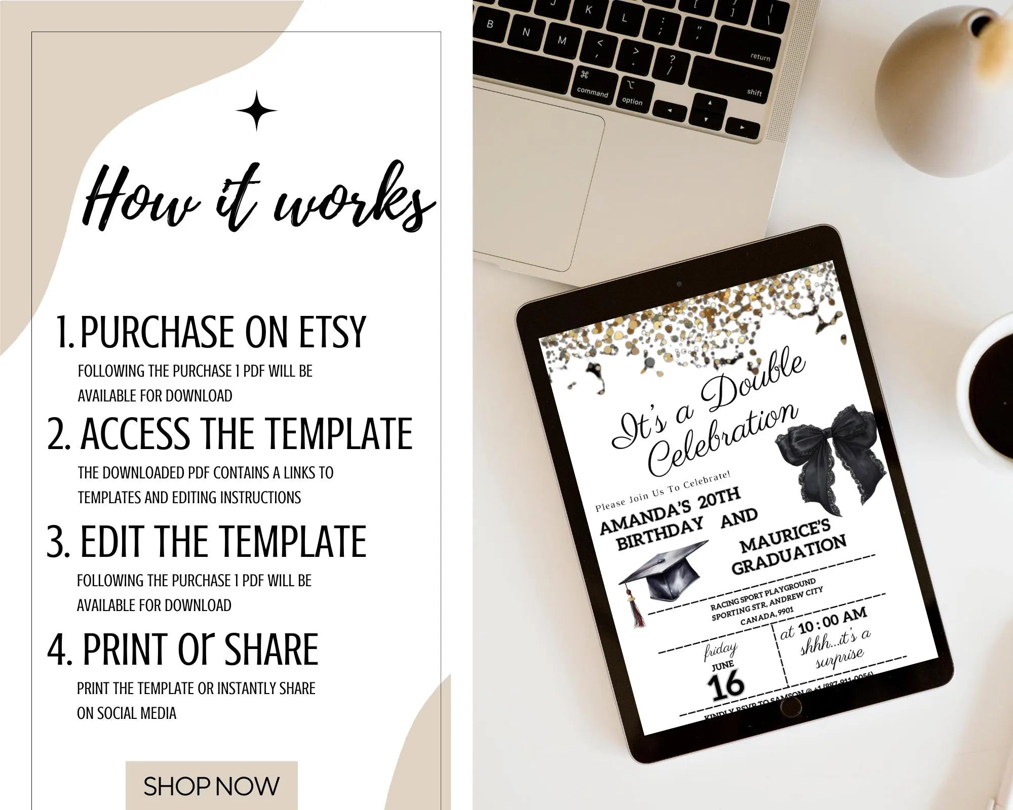 Adult Double Celebration Invitation| Birthday and Graduation Party Anniversaries| Gold Black Glitter Joint Party Invites| Editable Template