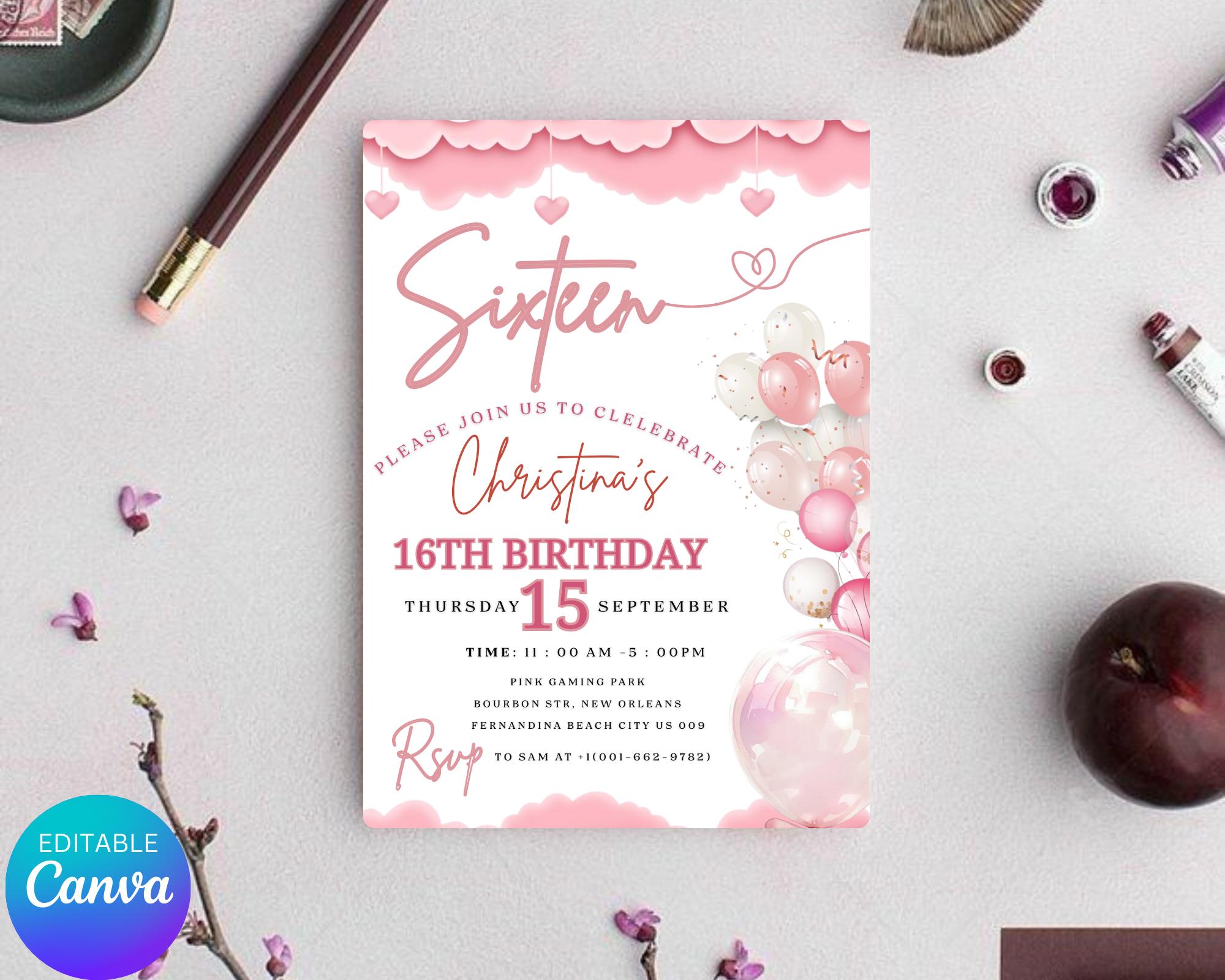 Teenager Birthday Invite| Editable Girls Birthday Invitation| Pink Balloons Invitation| Official Pink Teenager Invitation| Editable Template