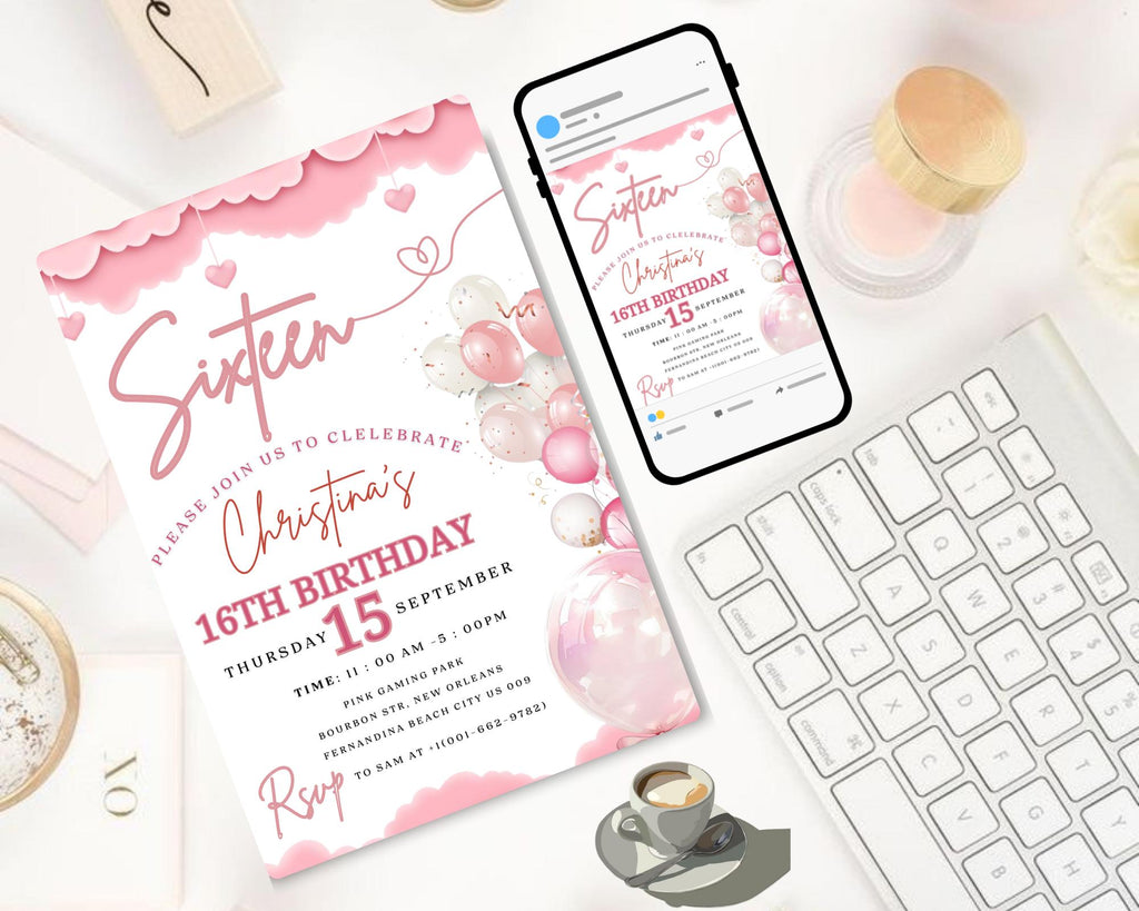 Teenager Birthday Invite| Editable Girls Birthday Invitation| Pink Balloons Invitation| Official Pink Teenager Invitation| Editable Template