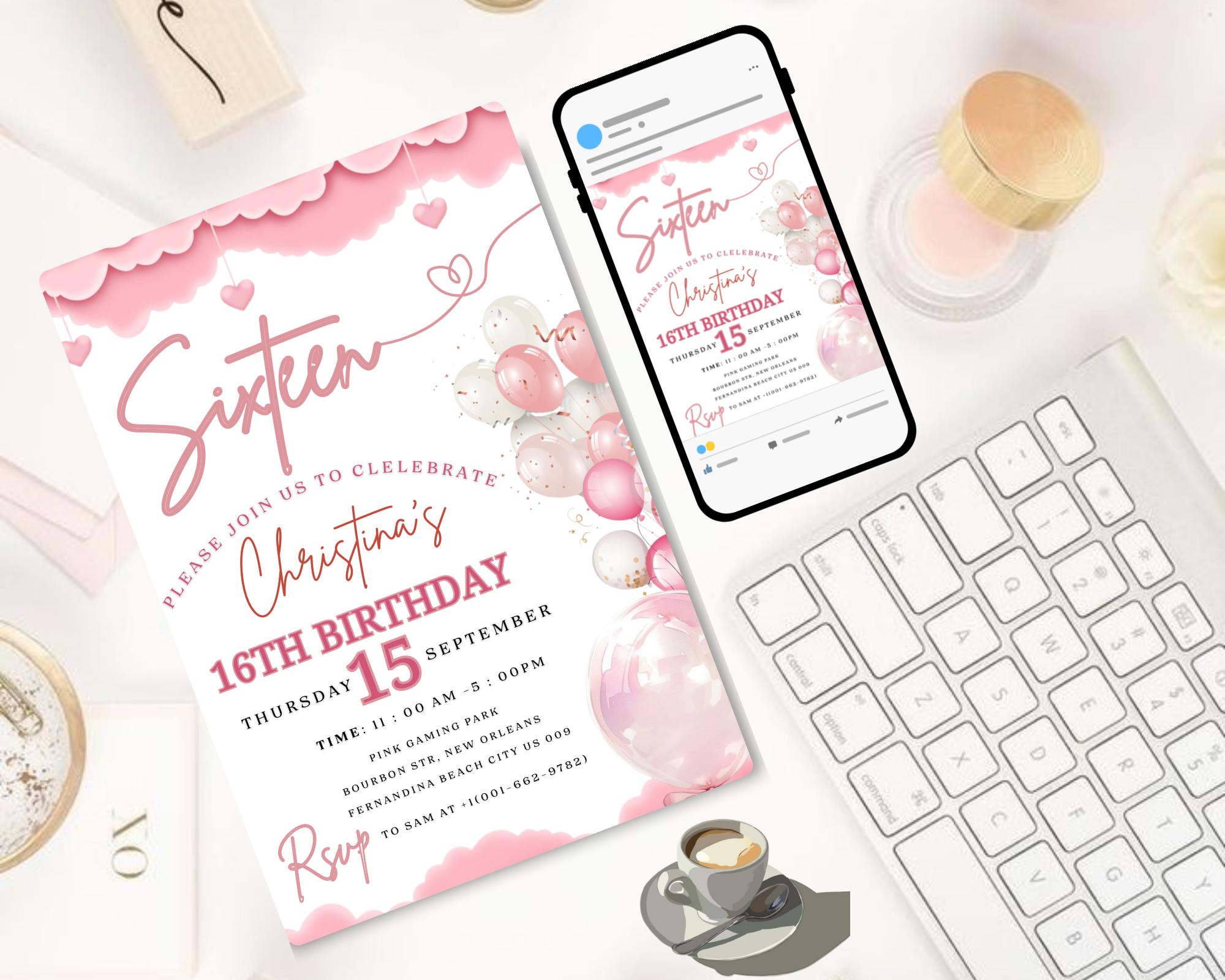 Teenager Birthday Invite| Editable Girls Birthday Invitation| Pink Balloons Invitation| Official Pink Teenager Invitation| Editable Template