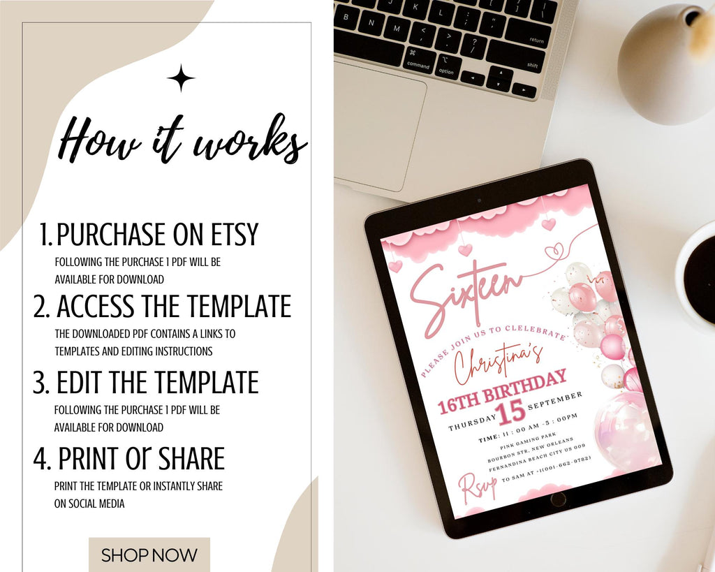 Teenager Birthday Invite| Editable Girls Birthday Invitation| Pink Balloons Invitation| Official Pink Teenager Invitation| Editable Template