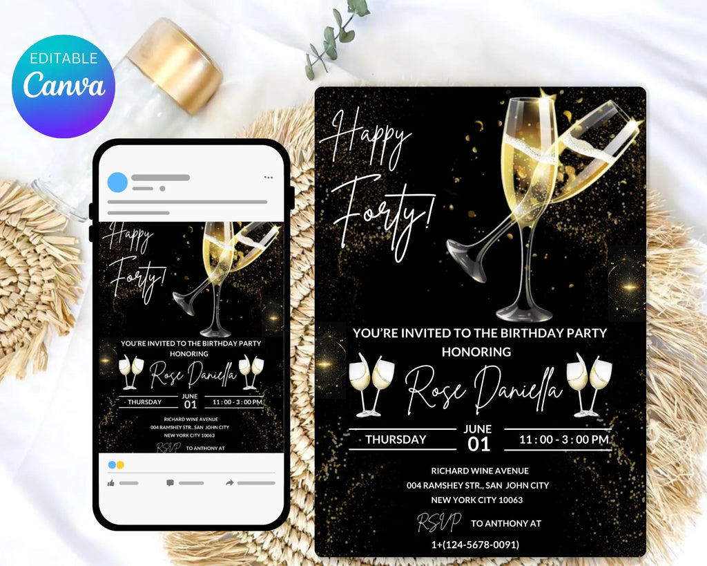 Champagne Birthday Invitation| Champagne Party Invitation| Champagne Invitation Adult Birthday| Black And Gold Champagne| Editable Template