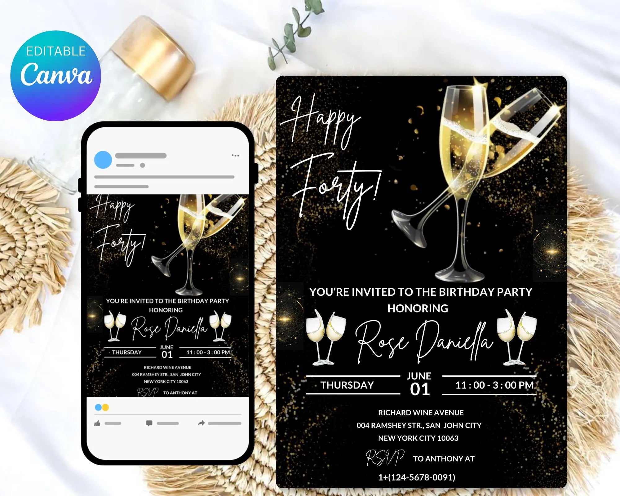 Champagne Birthday Invitation| Champagne Party Invitation| Champagne Invitation Adult Birthday| Black And Gold Champagne| Editable Template