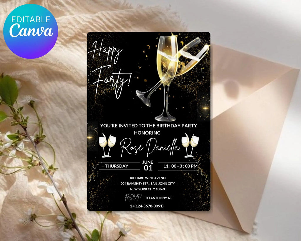 Champagne Birthday Invitation| Champagne Party Invitation| Champagne Invitation Adult Birthday| Black And Gold Champagne| Editable Template