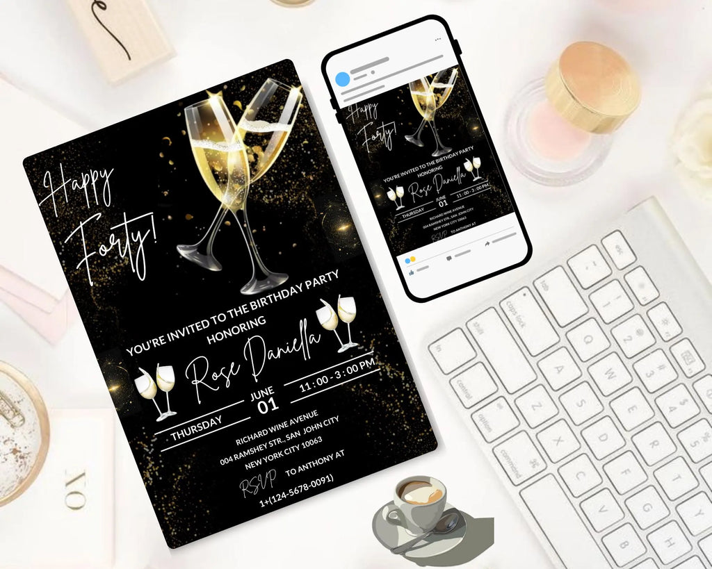 Champagne Birthday Invitation| Champagne Party Invitation| Champagne Invitation Adult Birthday| Black And Gold Champagne| Editable Template