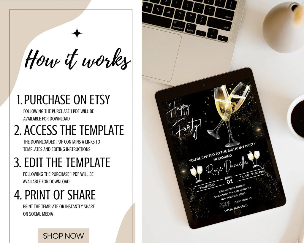 Champagne Birthday Invitation| Champagne Party Invitation| Champagne Invitation Adult Birthday| Black And Gold Champagne| Editable Template