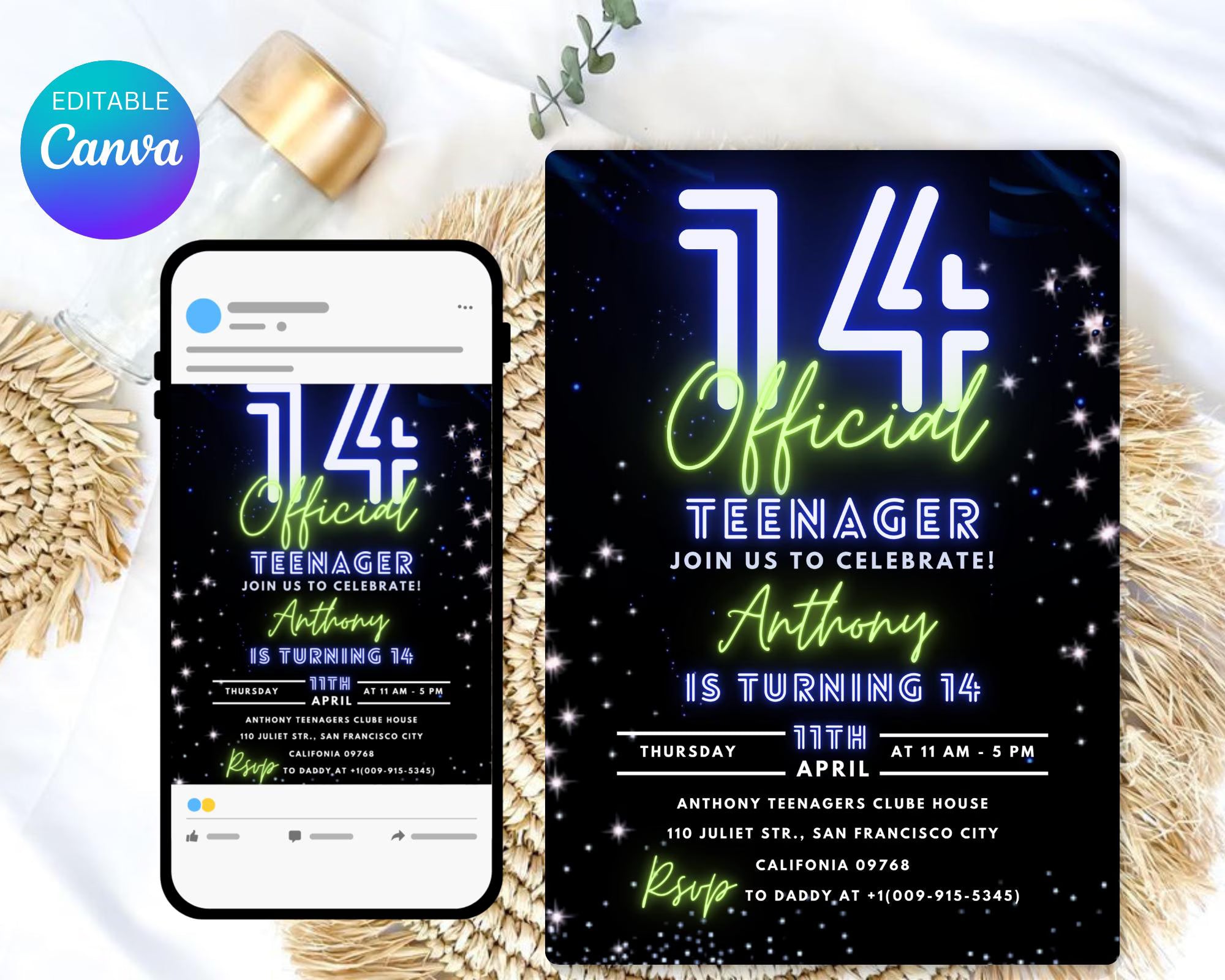 Teen Boy Birthday Invitation Template| 14th Birthday Party Invite| 14Th Invitation| Official Fourteen Boy Birthday Invite| Editable Template