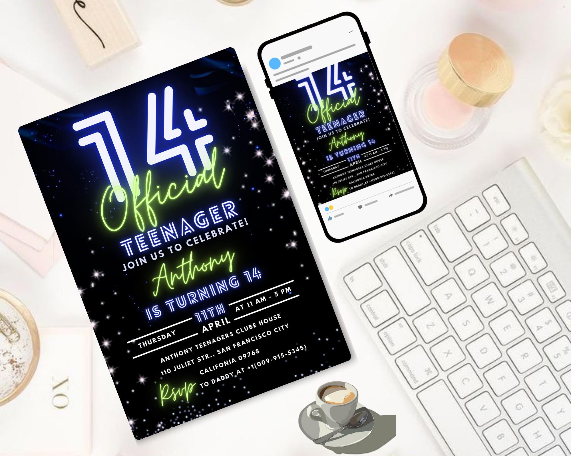 Teen Boy Birthday Invitation Template| 14th Birthday Party Invite| 14Th Invitation| Official Fourteen Boy Birthday Invite| Editable Template