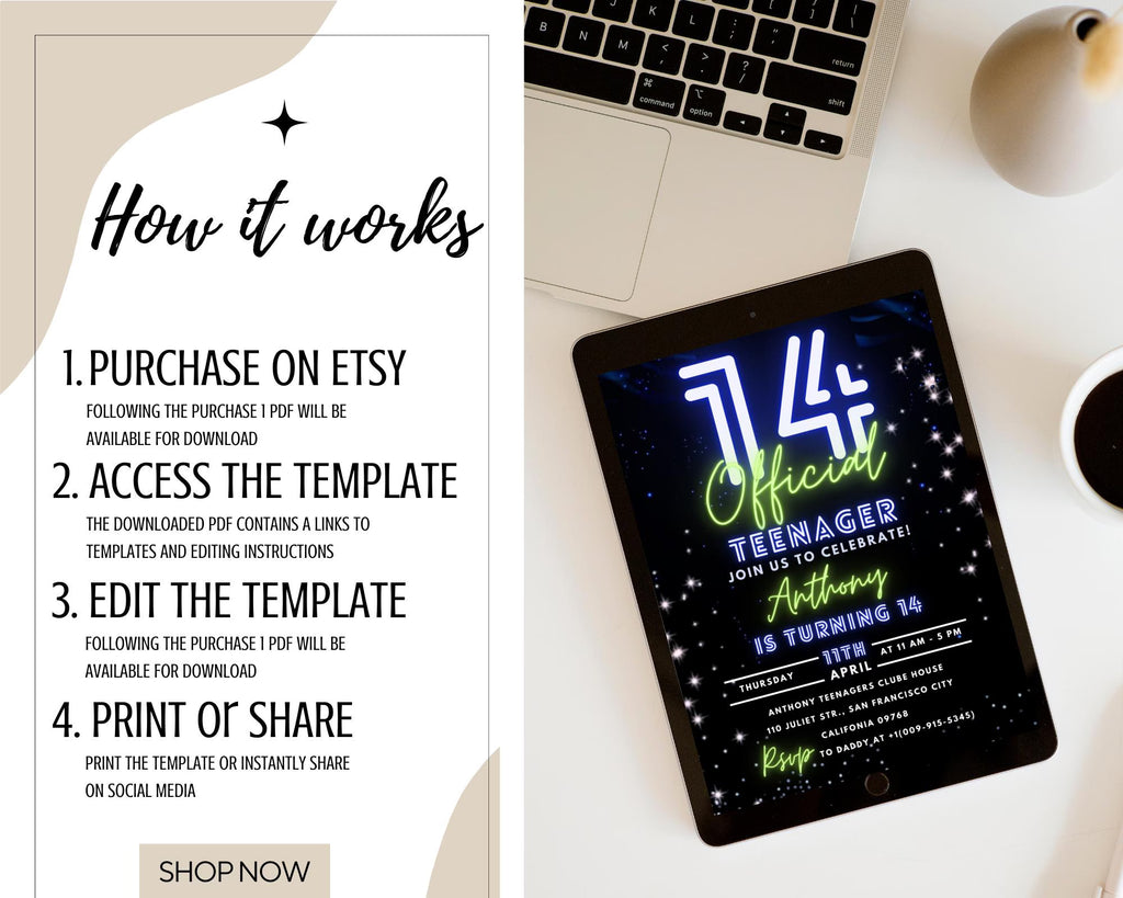 Teen Boy Birthday Invitation Template| 14th Birthday Party Invite| 14Th Invitation| Official Fourteen Boy Birthday Invite| Editable Template