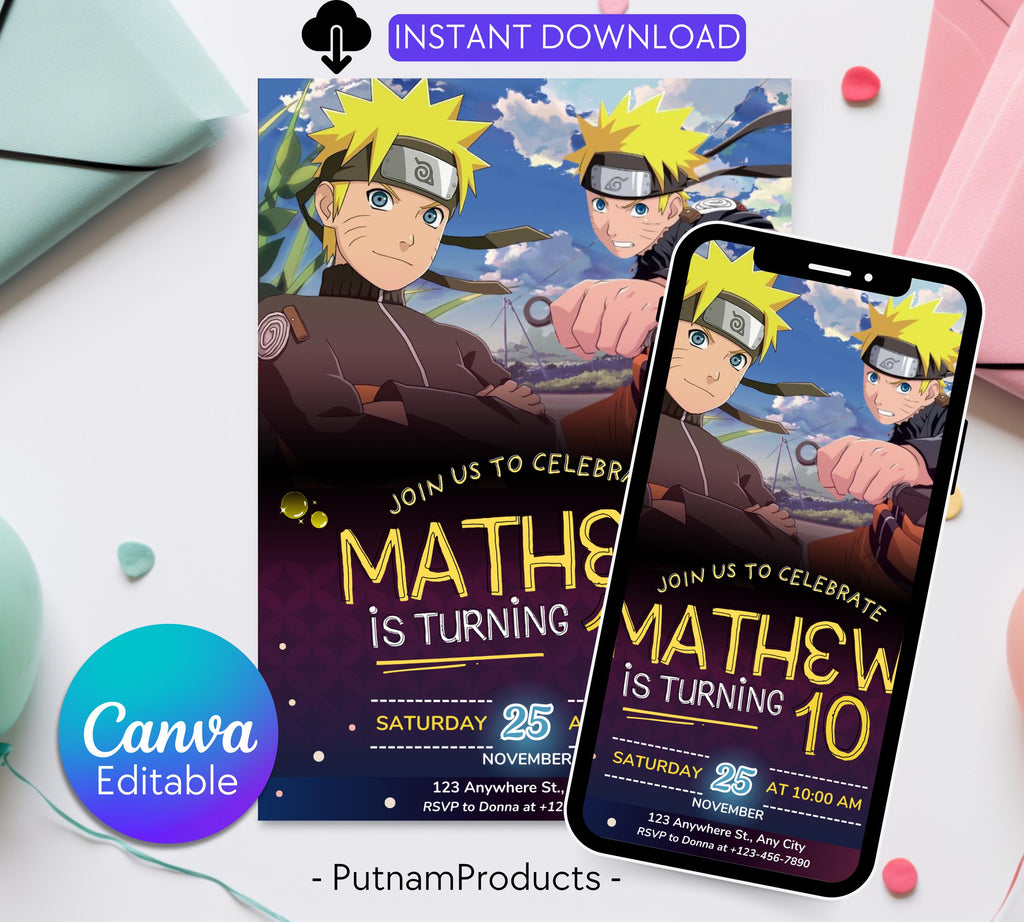 Naruto Birthday Invitation| Digital Birthday Party Invitation| Digital Bday Party Invite| Kids Birthday Invitation| Game Editable Template