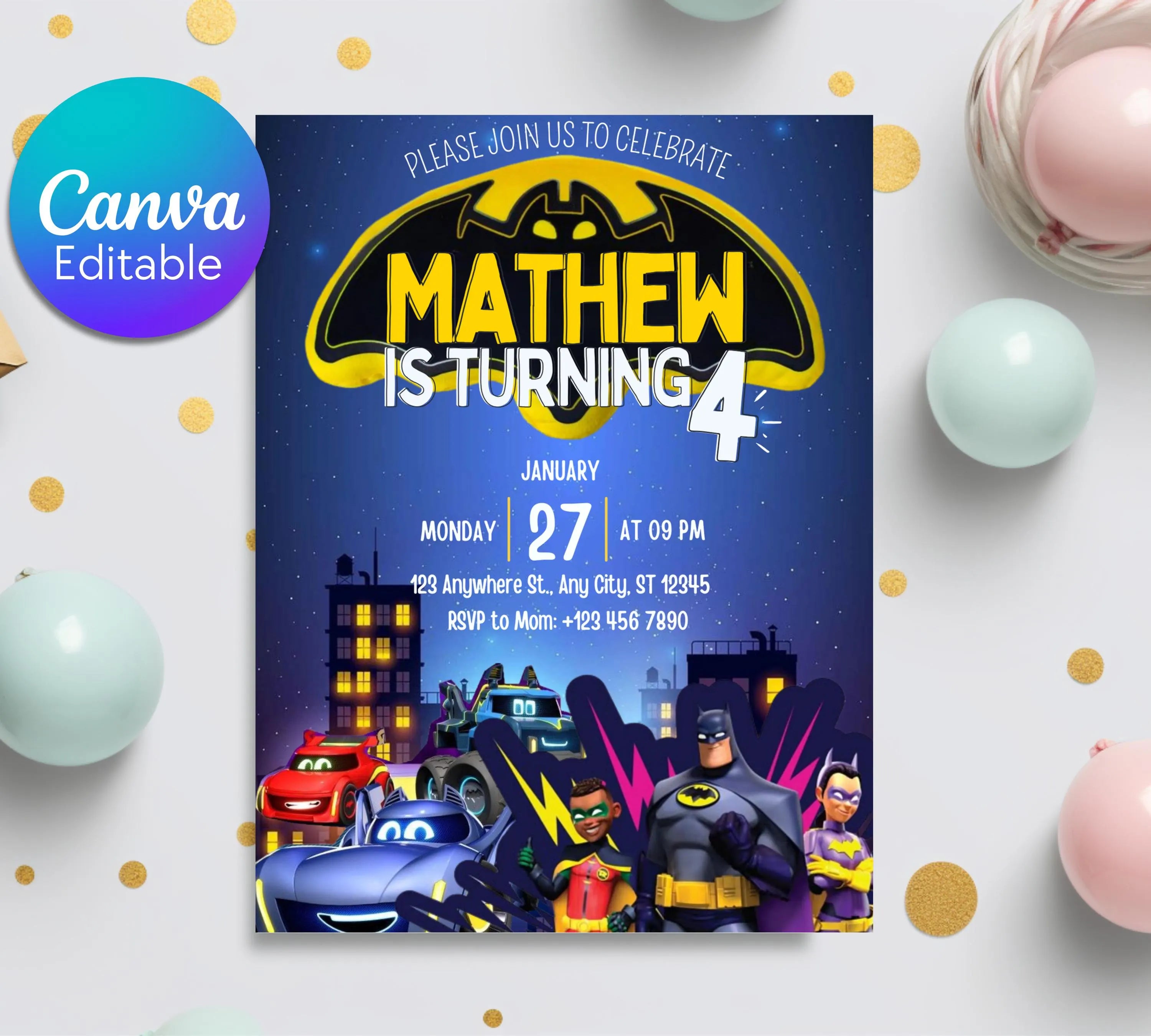 Bat Car Invitation Invitation| Superhero Birthday Invitation| Digital Printable Bat Birthday Party| Kid Birthday Invite| Editable Template