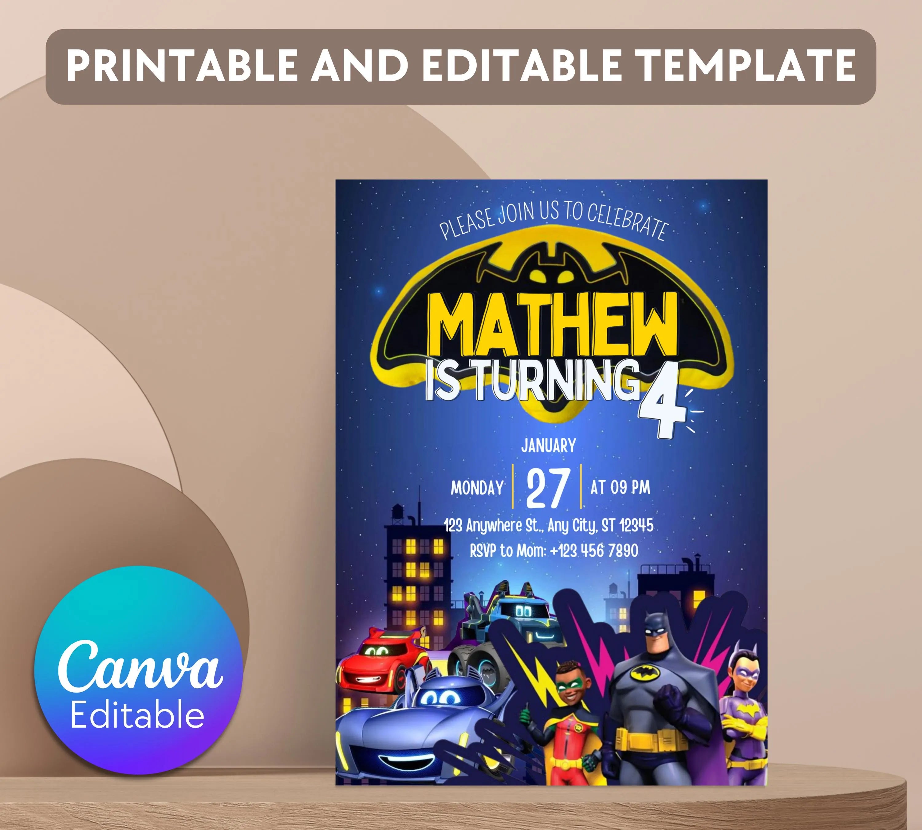 Bat Car Invitation Invitation| Superhero Birthday Invitation| Digital Printable Bat Birthday Party| Kid Birthday Invite| Editable Template