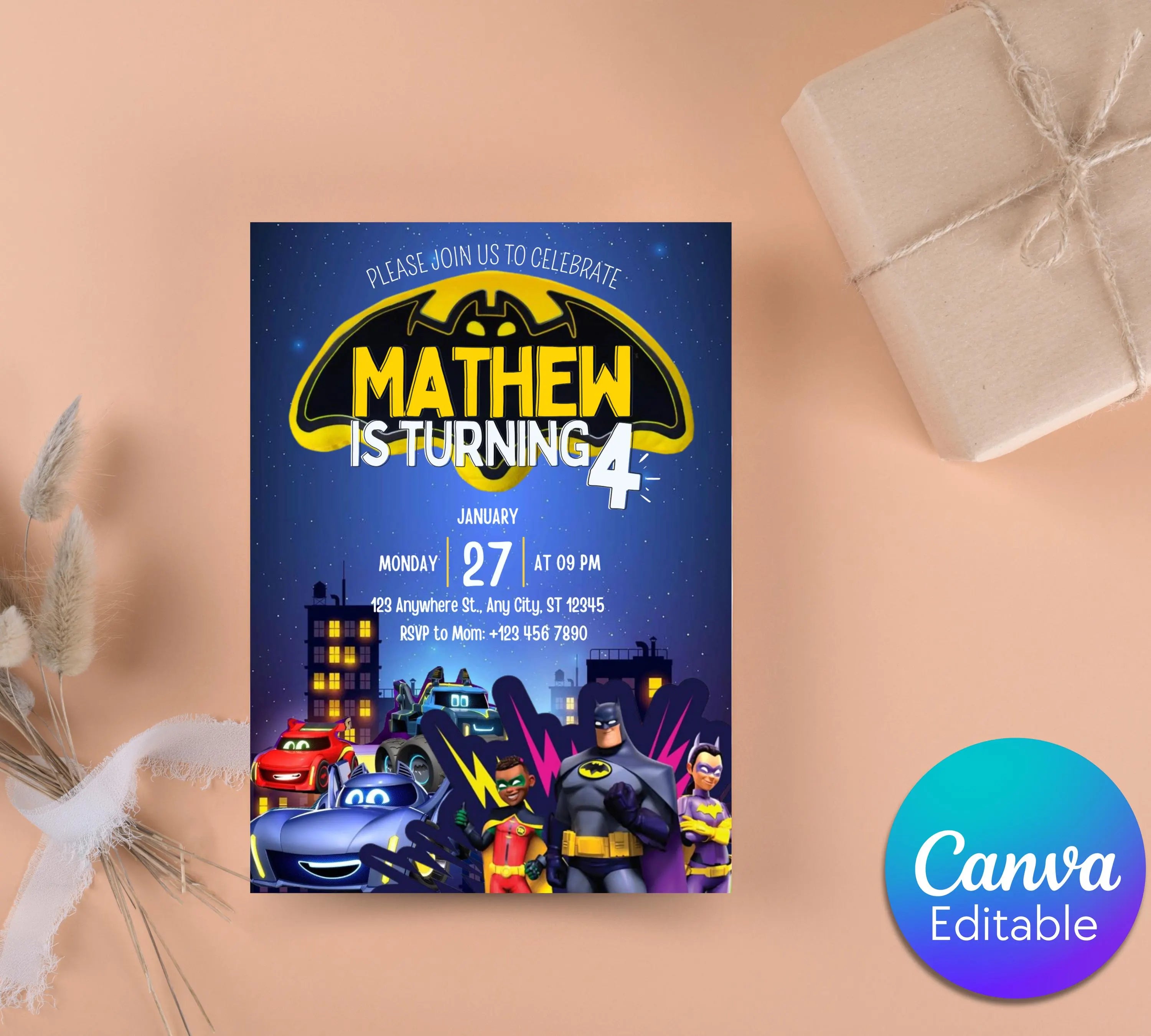 Bat Car Invitation Invitation| Superhero Birthday Invitation| Digital Printable Bat Birthday Party| Kid Birthday Invite| Editable Template