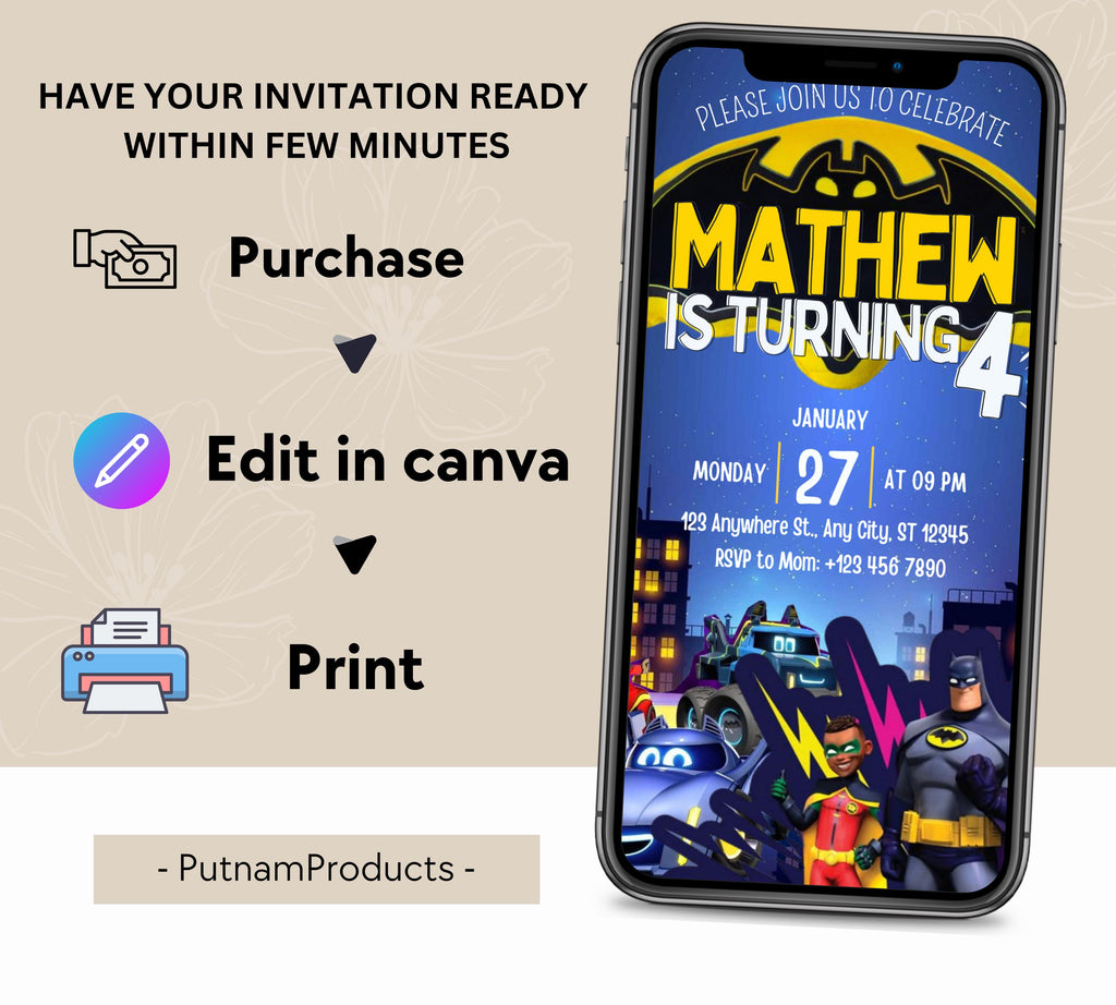 Bat Car Invitation Invitation| Superhero Birthday Invitation| Digital Printable Bat Birthday Party| Kid Birthday Invite| Editable Template