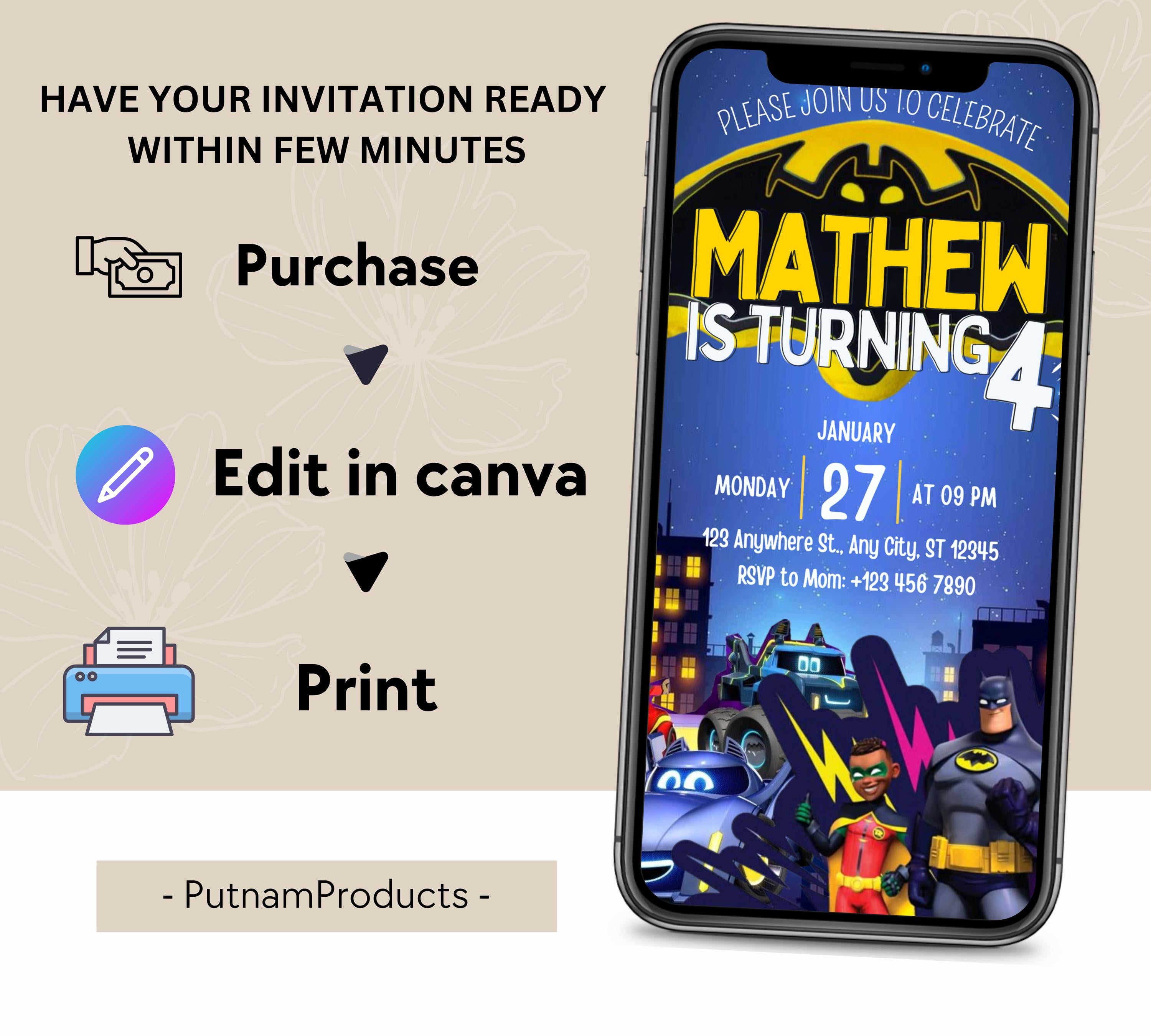 Bat Car Invitation Invitation| Superhero Birthday Invitation| Digital Printable Bat Birthday Party| Kid Birthday Invite| Editable Template