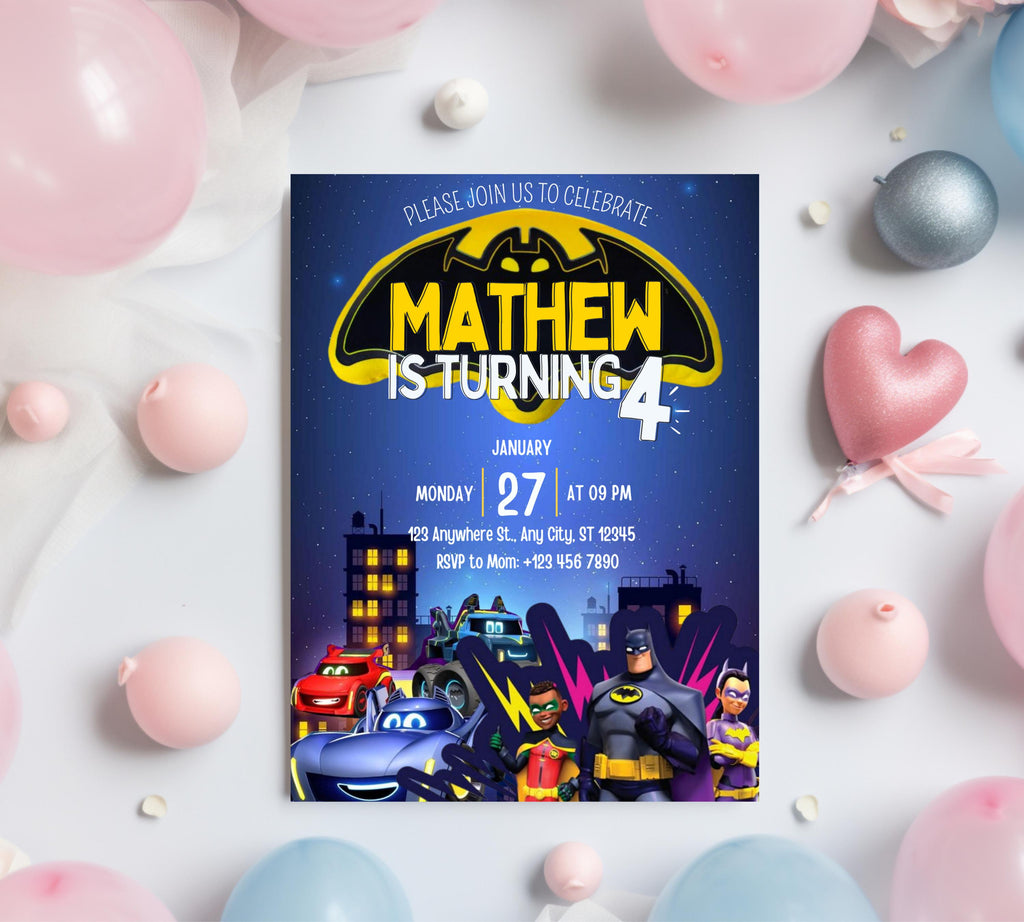 Bat Car Invitation Invitation| Superhero Birthday Invitation| Digital Printable Bat Birthday Party| Kid Birthday Invite| Editable Template