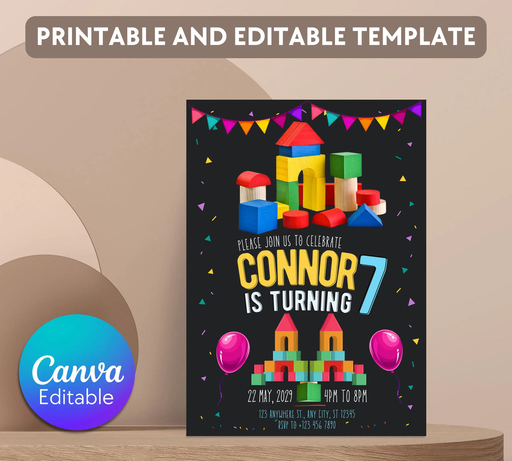 Building Blocks Birthday Invitation | Construction Theme Party Evite | Blocks Birthday Invitation| Building Bricks Invite| Editable Template