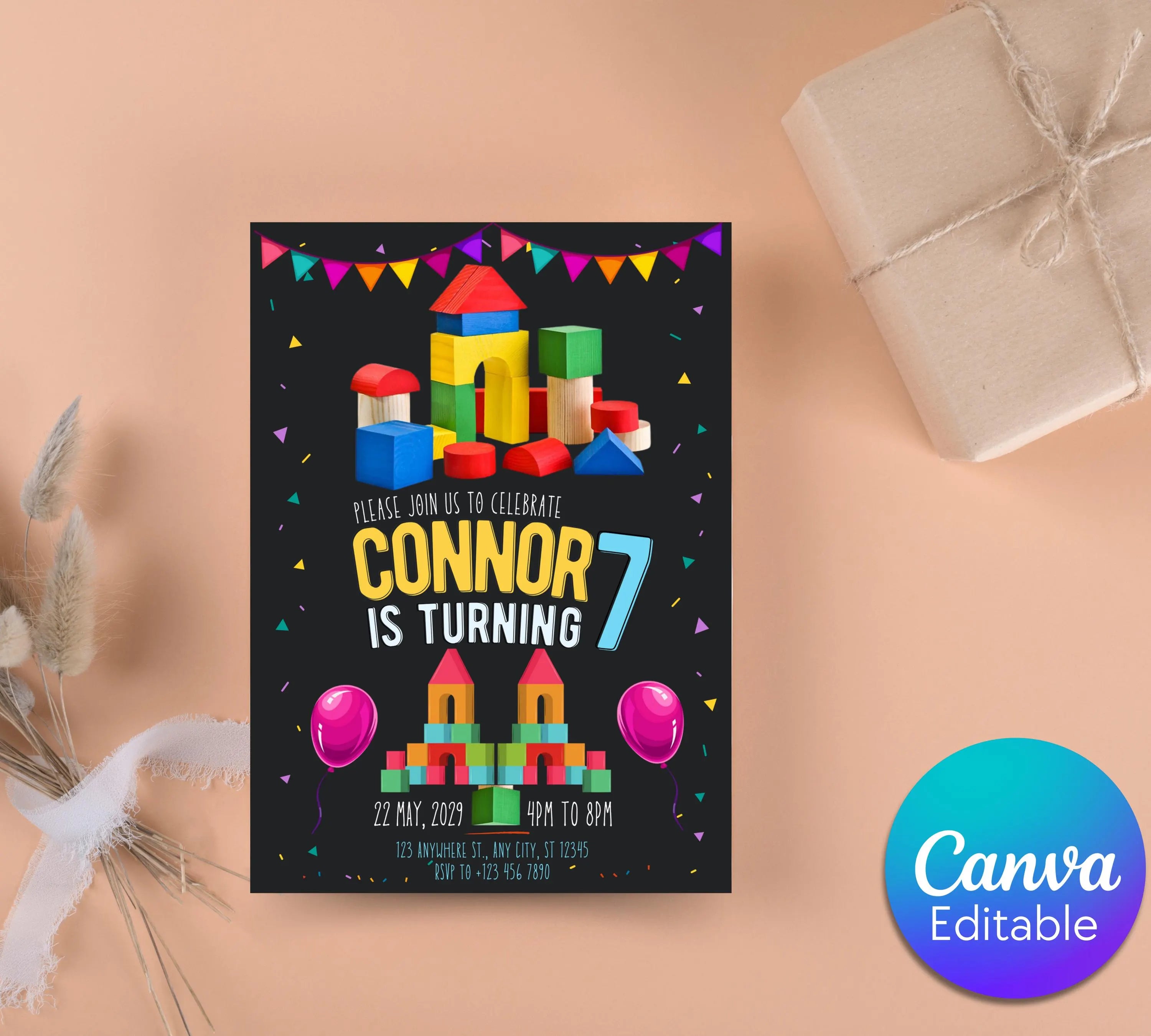 Building Blocks Birthday Invitation | Construction Theme Party Evite | Blocks Birthday Invitation| Building Bricks Invite| Editable Template