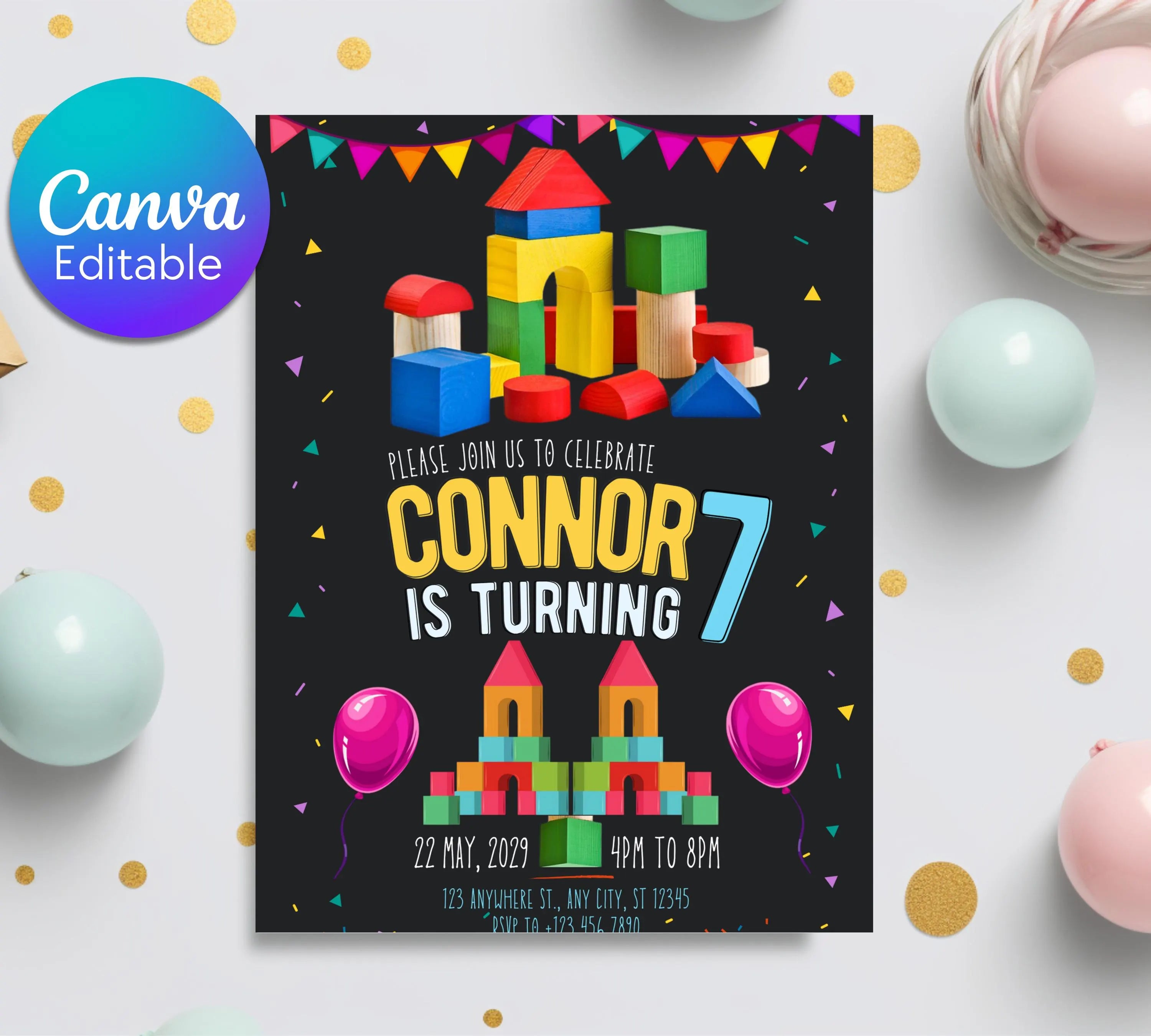 Building Blocks Birthday Invitation | Construction Theme Party Evite | Blocks Birthday Invitation| Building Bricks Invite| Editable Template