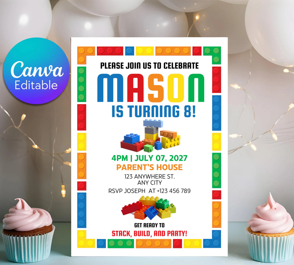 Editable Birthday Party Invitation| Digital Invitation| Instant Download Evite| Building Bricks Birthday Boy Invitation| Editable Template