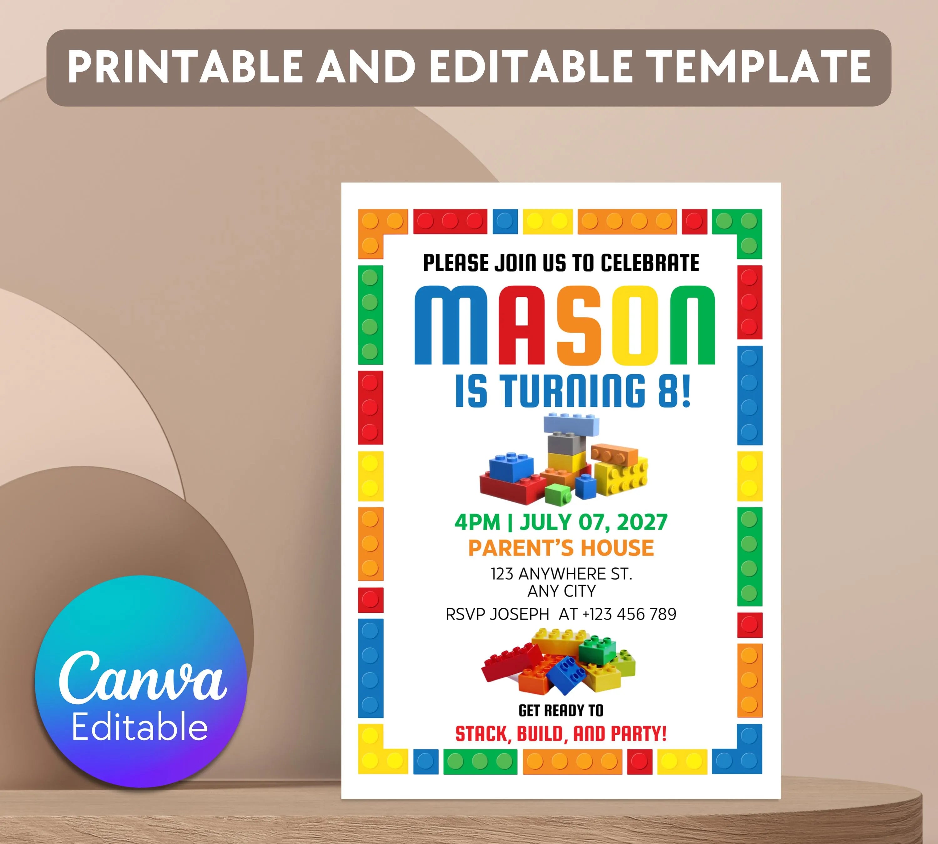 Editable Birthday Party Invitation| Digital Invitation| Instant Download Evite| Building Bricks Birthday Boy Invitation| Editable Template