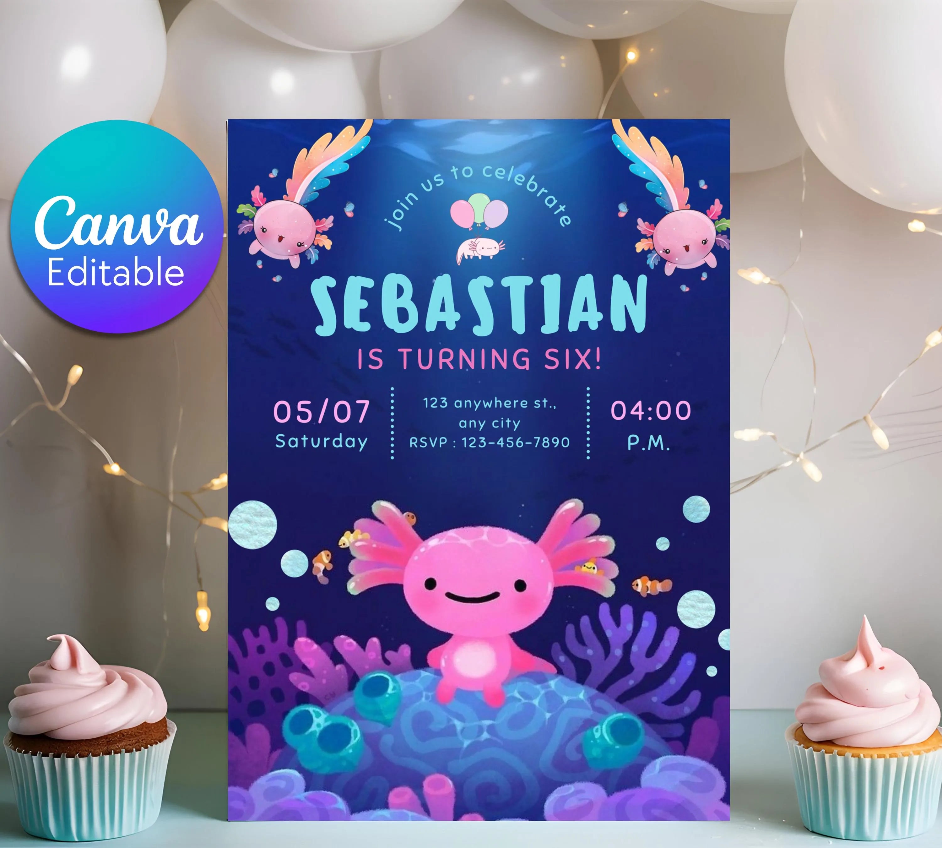 Axolotl Birthday Invitation| Editable Axolotl Birthday Invitation| Pink Girl Axolotls Invite|  Alotl Fun Birthday Invite|  Editable Template