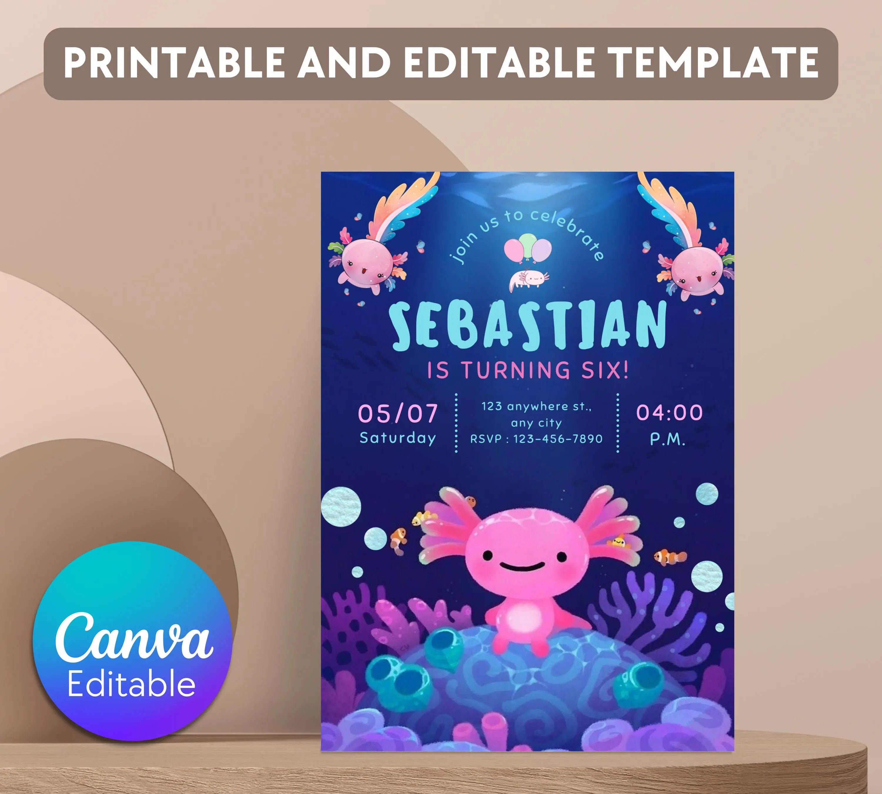 Axolotl Birthday Invitation| Editable Axolotl Birthday Invitation| Pink Girl Axolotls Invite|  Alotl Fun Birthday Invite|  Editable Template