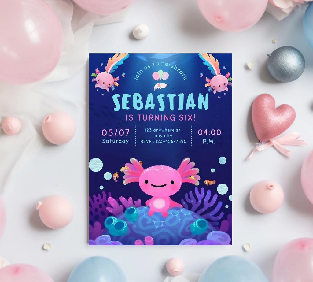 Axolotl Birthday Invitation| Editable Axolotl Birthday Invitation| Pink Girl Axolotls Invite|  Alotl Fun Birthday Invite|  Editable Template
