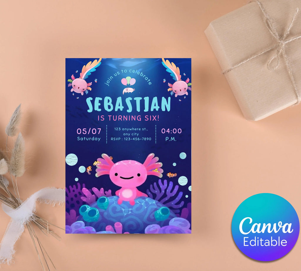 Axolotl Birthday Invitation| Editable Axolotl Birthday Invitation| Pink Girl Axolotls Invite|  Alotl Fun Birthday Invite|  Editable Template