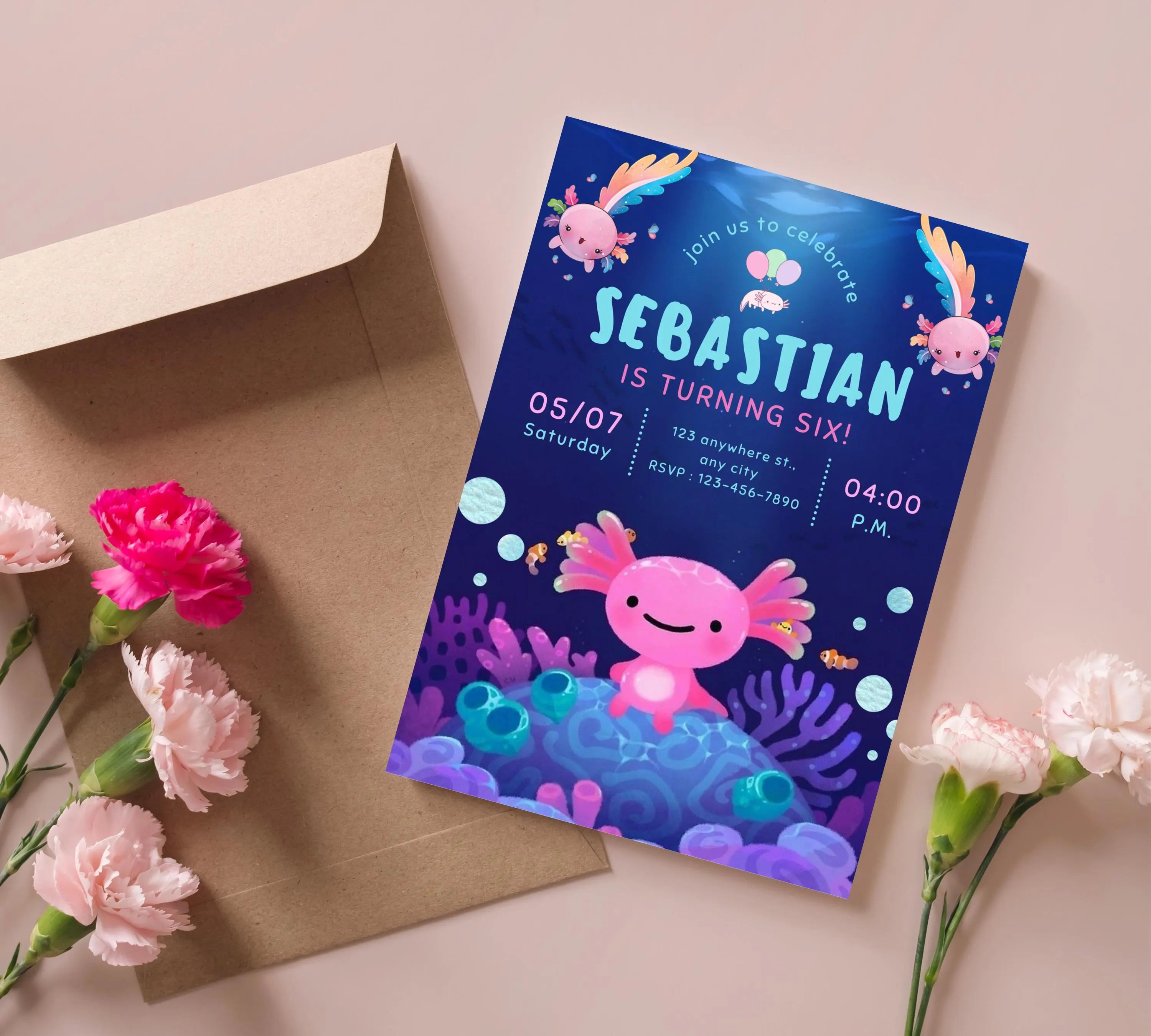 Axolotl Birthday Invitation| Editable Axolotl Birthday Invitation| Pink Girl Axolotls Invite|  Alotl Fun Birthday Invite|  Editable Template