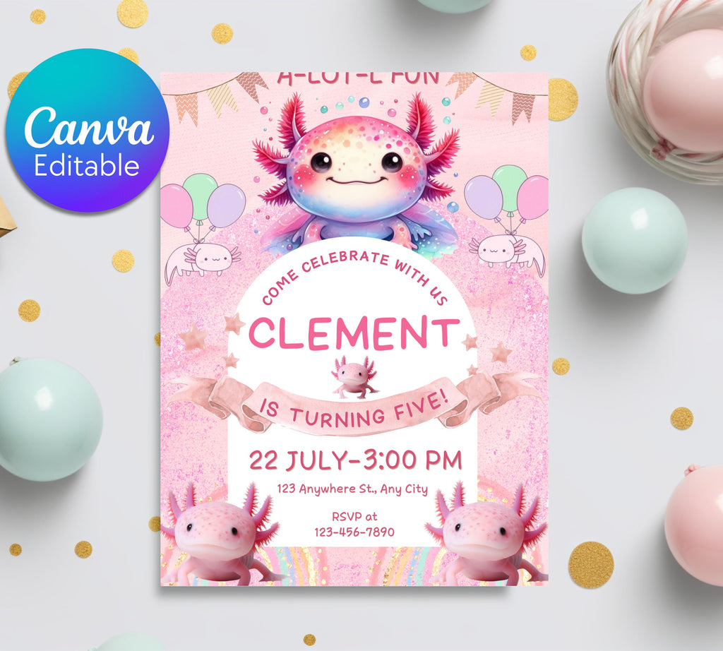 Axolotl Birthday Invitation| Pink Girl Axolotl Birthday Invitation| Pink Girl Axolotls Invite|  Alotl Fun Birthday Evite|  Editable Template