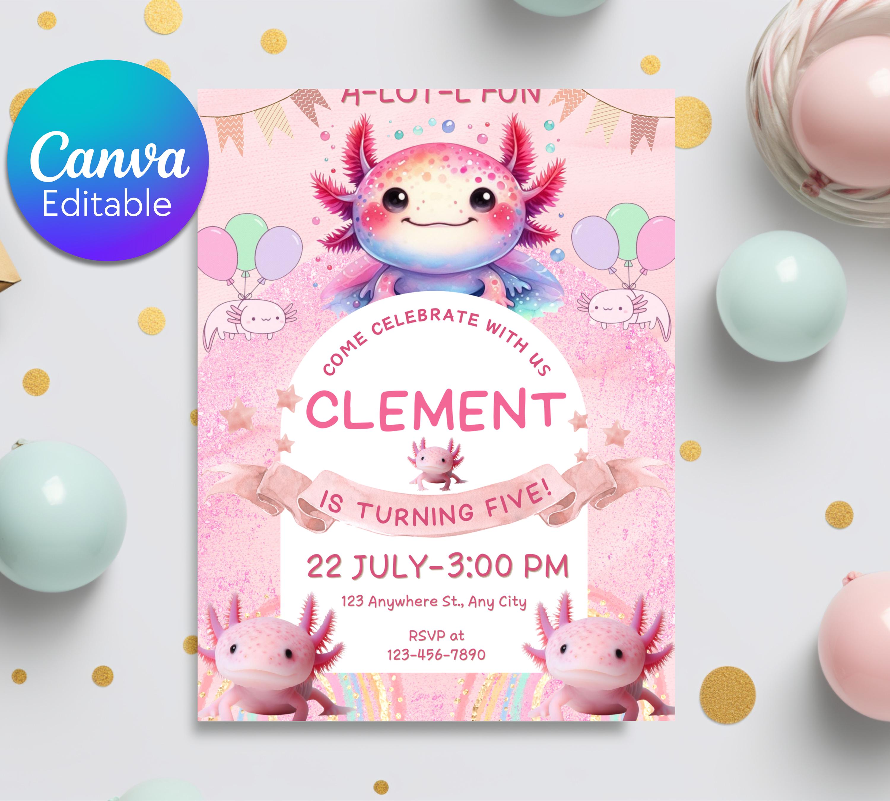 Axolotl Birthday Invitation| Pink Girl Axolotl Birthday Invitation| Pink Girl Axolotls Invite|  Alotl Fun Birthday Evite|  Editable Template