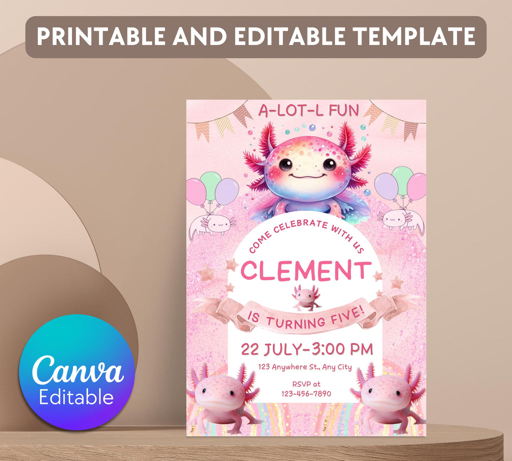 Axolotl Birthday Invitation| Pink Girl Axolotl Birthday Invitation| Pink Girl Axolotls Invite|  Alotl Fun Birthday Evite|  Editable Template