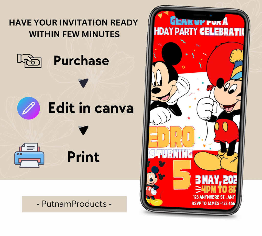 Mickey Mouse Birthday Invitation |Micky Birthday Invite | Cute Mickey Mouse Party Invite | Mickey Mouse Red & White Evite| Editable Template